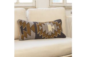 Rectangular Handwoven Gray Cushion with Triangular Geometric Pattern