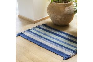 Small Handwoven Rug with Striped Pattern - Shades of Blue