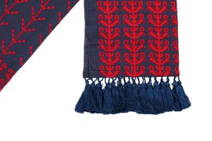 Handmade embroidery shawl with navy blue, white, and red fringe fabric