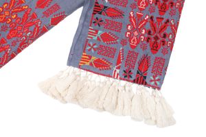 Handmade gray embroidery shawl with white and red tassels