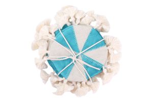 Handmade turquoise coaster embroidered in linen tassels