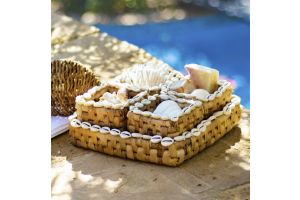 Handmade hospitality basket embroidered in seashells (Design #1)