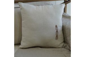Zippered Linen Cushion with Hand Embroidered Floral Pattern - White