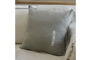 Zippered Linen Cushion with Hand Embroidered Floral Pattern - Green
