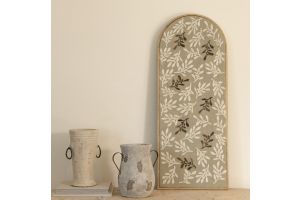 Embroidered Wall Hanging with Olive Tree Branches and Hammered Metal - Framed