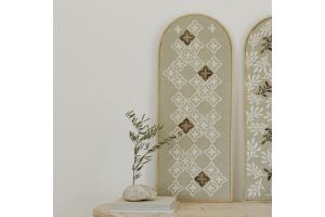 Geometric Embroidered Wall Hanging with Hammered Metal  - Frameless