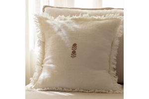 Linen Cushion with Hand Embroidered Floral Pattern - White