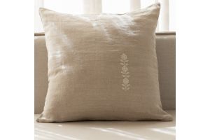 Zippered Linen Cushion with Hand Embroidered Floral Pattern - Beige