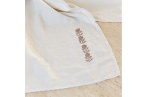 Linen Table Runner with Hand Embroidered Floral Pattern - White