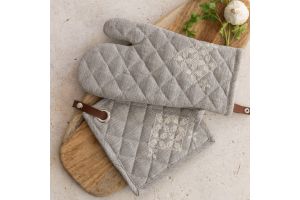 Hand Embroidered Linen Kitchen Set - Light Grey