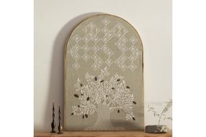 Embroidered Wall Hanging with Olive Tree and Hammered Leaves Design - Frameless